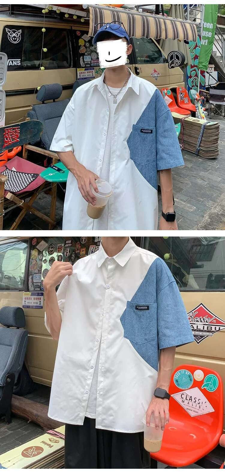 2025 Summer Streetwear Men Short Sleeve Irregular Patchwork Denim Shirt Male Tops Daily Casual Pocket Blouses Unisex Clothes