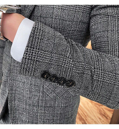 Dark Blue Men's Suit Three Piece, Business Casual Jacket and Vest with Trousers, Gray Dark Brown Slim Fit Sets, Asian Size