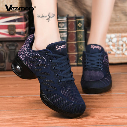 Ladies Modern Fashion Dance Shoes Breathable Mesh Jazz Dancing Shoes Ballroom Training Casual Sports Shoes Knitted Sneakers