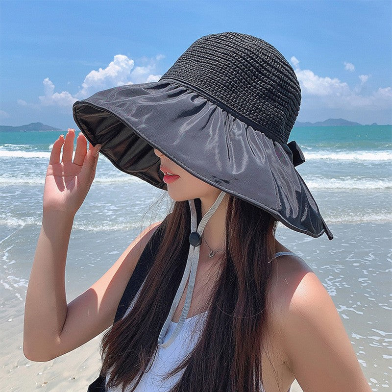Summer Sun hat women's straw woven anti ultraviolet sun visor hat with big brim seaside black glue breathable Bucket hat sun hat
