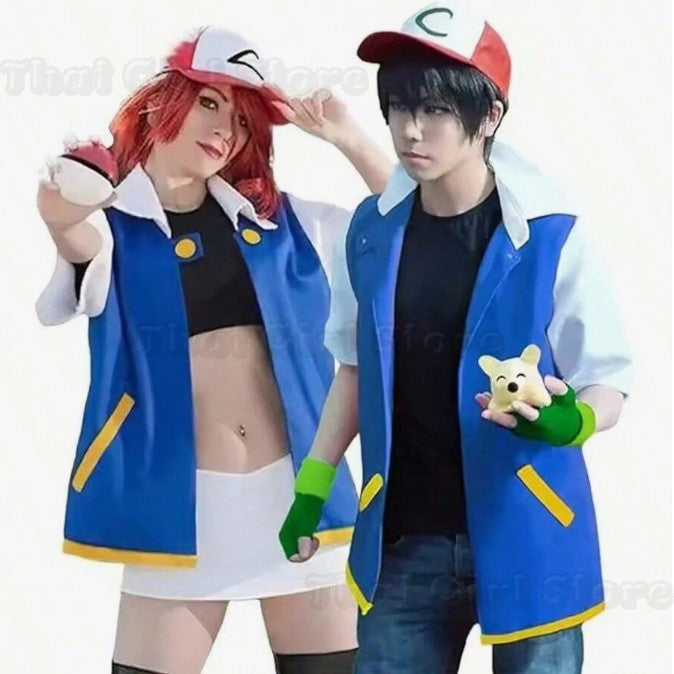 Men Anime Trainer Cosplay Costume Boys Ash Ketchum Adult for Girls Halloween Women Disfraz Party Blue Jacket Cap Gloves Full Set