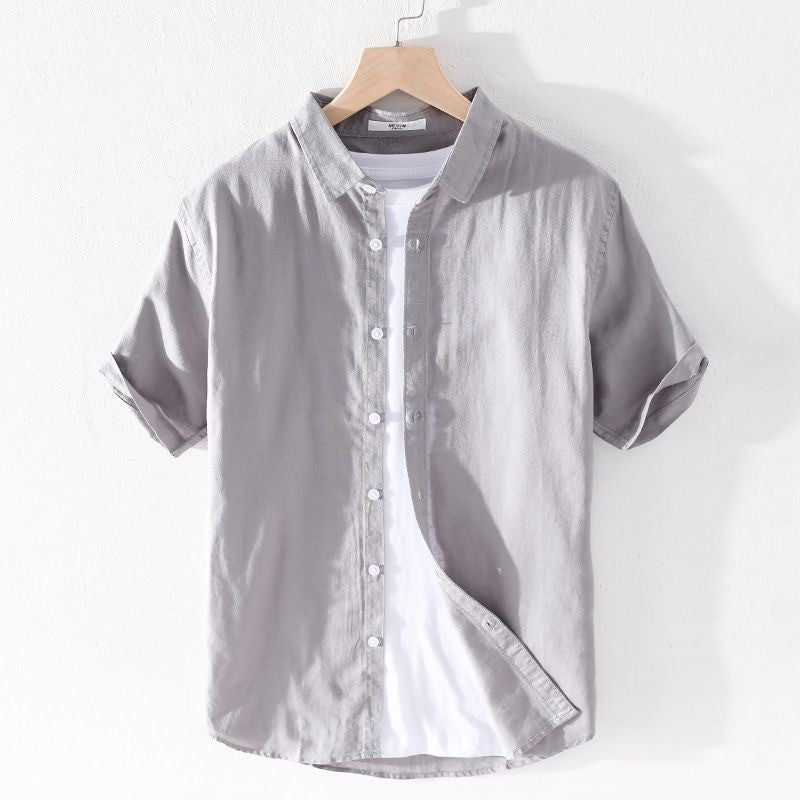 High Quality Cotton Linen Men's Summer Fashion Shirt Solid Color Simple Casual Short Sleeve Blouses Basic Thin Breathable Tops