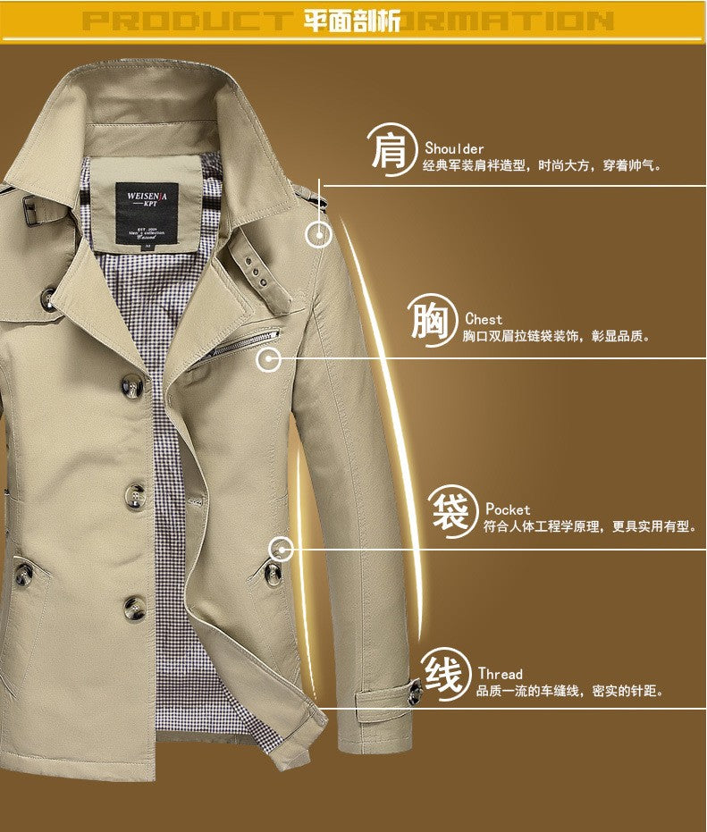Men's Spring and Autumn New Fashion Casual Cotton Trench Coat, Solid Color Lapel Single-breasted Mid-long Splicing Trench Coat