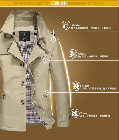 Men's Spring and Autumn New Fashion Casual Cotton Trench Coat, Solid Color Lapel Single-breasted Mid-long Splicing Trench Coat