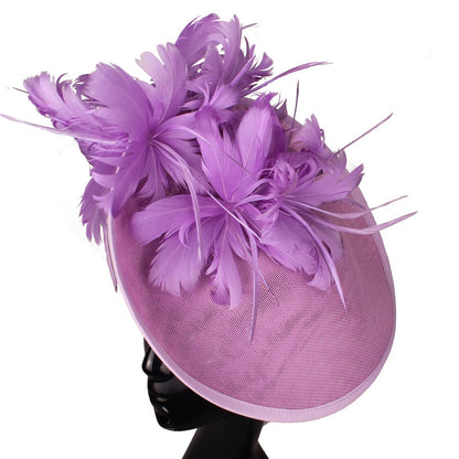 Bonés Cinzentos Millinery Com Acessórios de Tiara Imitação Sinamay Chapéu Derby de Coquetel Feminino Fascinadores de Cabelo de Noiva com Pena Chique