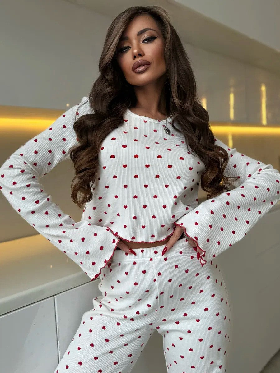 Lace Trim Women Pajama Set Short Sleeve Front Button Top & Full-Length Pants Cherry Print 2 Pieces Sleepwear Nightwear Homewear
