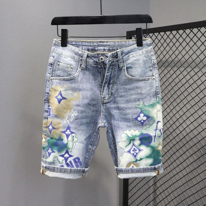 Summer 2024 New Fashion Trend Printed Stretch Cotton Shorts Men's Casual Sashimi Comfort High Quality Plus-Size Denim Shorts