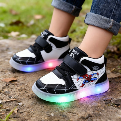 Disney Children's Sneakers Boys Girls Spiderman Led Light Sport Shoes Student Shoes Hook Anti-slip Kids Outdoor Basket Shoes