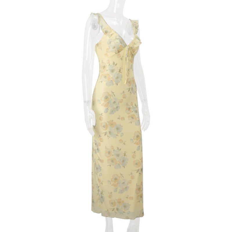 Cryptographic Summer Floral Print Plunge Maxi Dress Outfits Sexy Backless Fairy