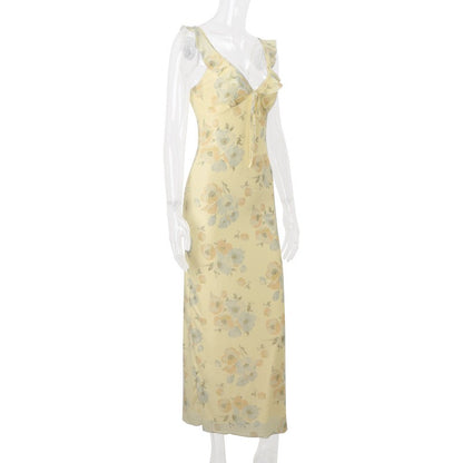 Cryptographic Summer Floral Print Plunge Maxi Dress Outfits Sexy Backless Fairy