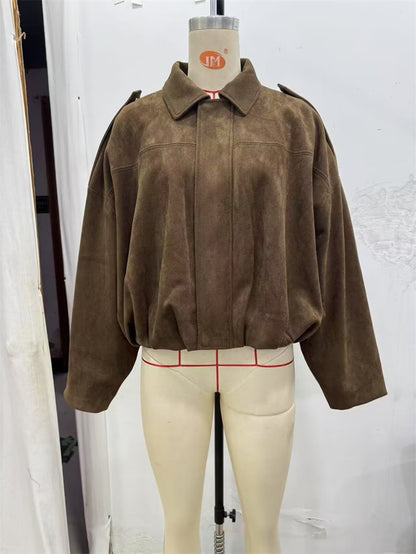 Women's Jacket Fall 2025 New Solid Color Long-Sleeved Faux Suede Loose Bomber Jacket Casual Fashion Personality Versatile