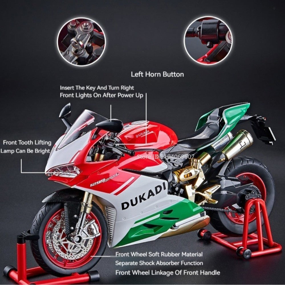 Modelos de motocicleta em miniatura 1:9 Scale 1299 V4S Brinquedos de motocicleta de liga leve com som, luz e absorção de choque, motocicletas de ornamento para presentes infantis