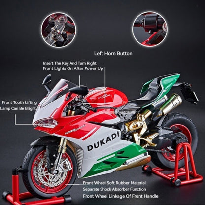 Modelos de motocicleta em miniatura 1:9 Scale 1299 V4S Brinquedos de motocicleta de liga leve com som, luz e absorção de choque, motocicletas de ornamento para presentes infantis