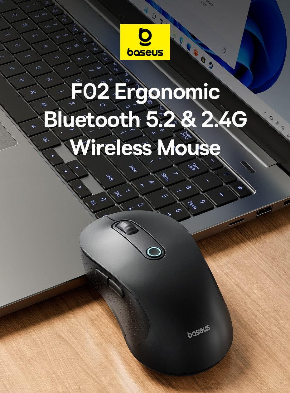 Baseus F02 Wireless Mouse Bluetooth 5.2 2.4G 4000DPI Ergonomic 7 Mute Buttons Mice for iPad MacBook Tablet Laptop Computer Mouse