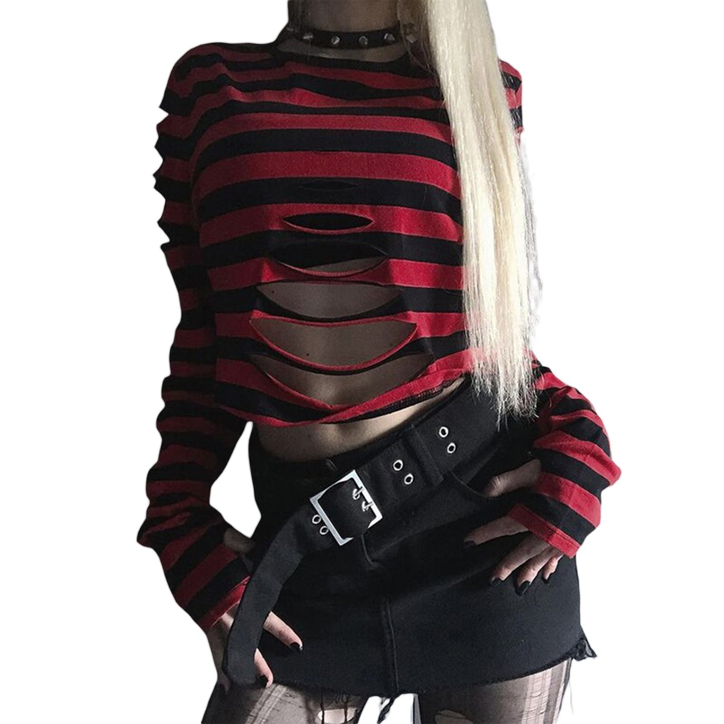 Women's Distressed Crop Tops Gothic Long Sleeve Round Neck Striped Print Loose T-Shirts Halloween Costume