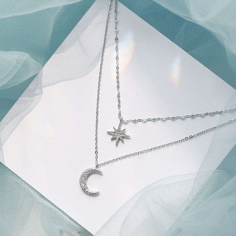 Colar de Prata 925 Feminino Camada Dupla Zircônia Estrela Lua Pingente Colar Delicado Corrente Charmosa Joia Elegante Presente da Moda