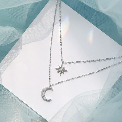 Colar de Prata 925 Feminino Camada Dupla Zircônia Estrela Lua Pingente Colar Delicado Corrente Charmosa Joia Elegante Presente da Moda