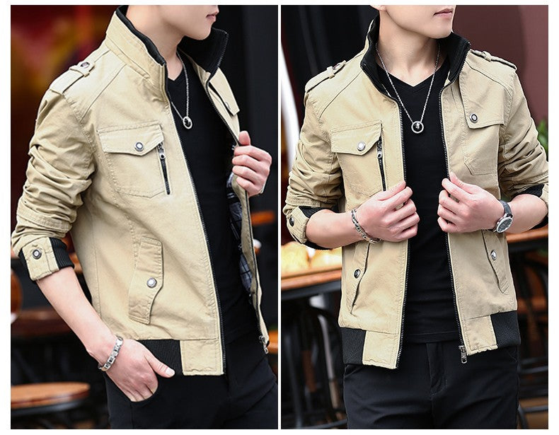 Korean Fashion Stand-up Collar Denim Cargo Coat 2023 Spring Autumn New Men's Jacket Men's Zipper Pocket Stitching Slim Jacket