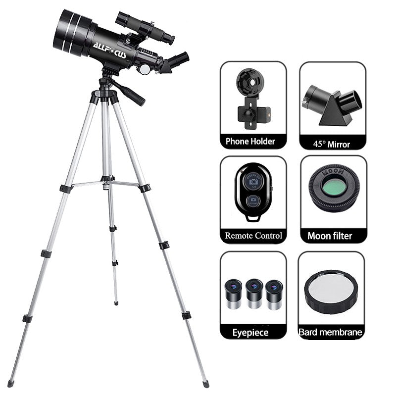 Telescópio Astronômico ALLFOCUS 150X, Telescópio Refrator Portátil de Viagem com Abertura de 70mm com Adaptador de Telefone e Controle Remoto Sem Fio