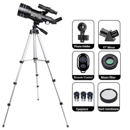Telescópio Astronômico ALLFOCUS 150X, Telescópio Refrator Portátil de Viagem com Abertura de 70mm com Adaptador de Telefone e Controle Remoto Sem Fio