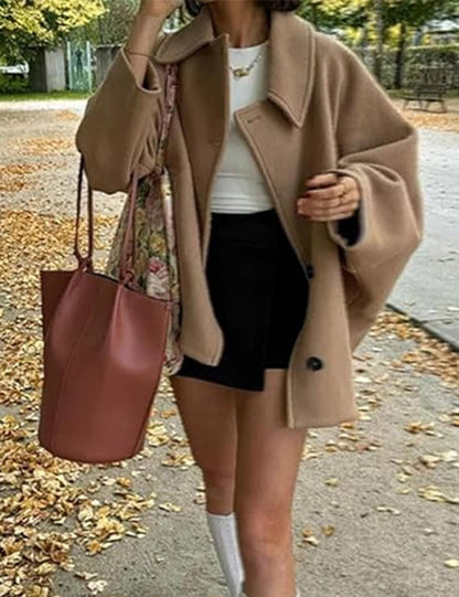 Women's Oblique Button Loose Batwing Sleeve Jacket Coat Lapel Double Pocket Warm Solid Vintage Outerwear Fall Winter Coat