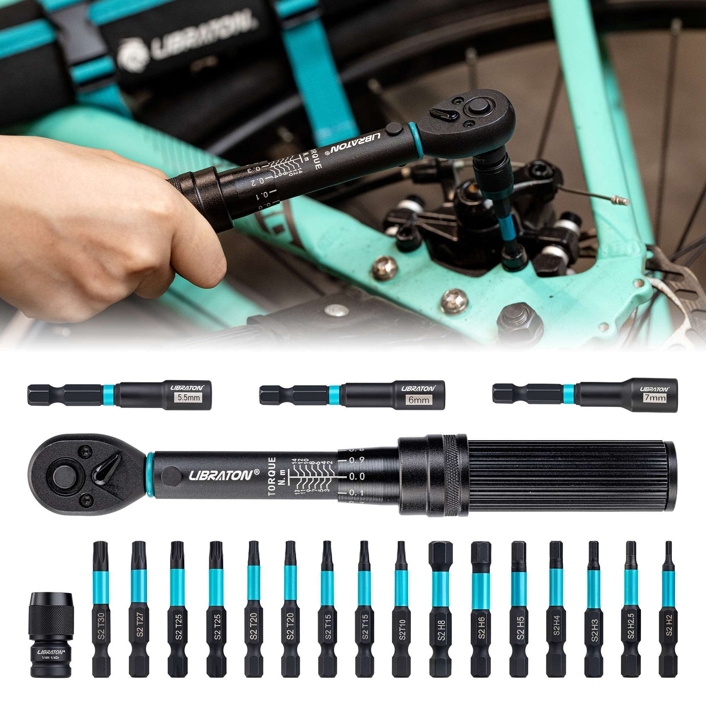 Chave Torquímetro para Bicicleta 21 Peças 1/4" 2-14Nm, Conjunto de Chaves de Torque para Bicicleta com Soquetes, Chave de Soquete e Bits de Impacto para Reparo de Bicicletas e Motocicletas