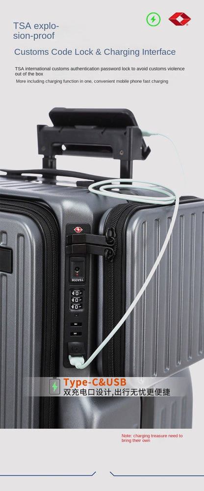 Mala de Viagem Multifuncional com Abertura Frontal para Laptop Carregamento USB Mala de Carrinho de 20 Polegadas ABS + PC para Viagem