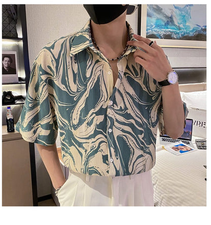 Japanese Summer Ice Silk Flower Shirt for Men Short Sleeve Loose Casual Harajuku Oversized 2023 New Thin Hawaiian Shirt Men