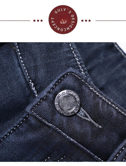 Men's Fleece Straight Leg Jeans Winter Thick Warm Business Casual Velvet Pants Elastic Loose Trousers Outdoorwear