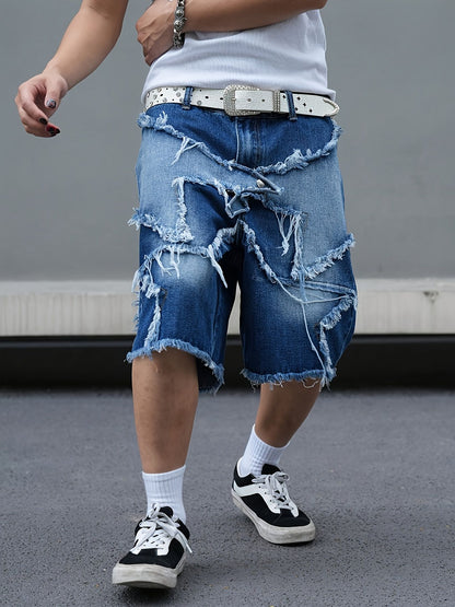 Men's tattered denim shorts with adhesive tape