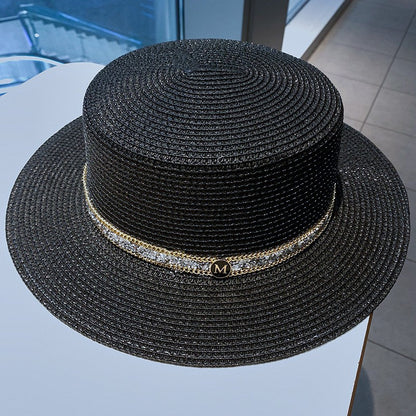 Chapéu de palha de verão PP preto e branco, chapéu de sol, protetor solar, férias, praia, abas largas, chapéu de sol de verão