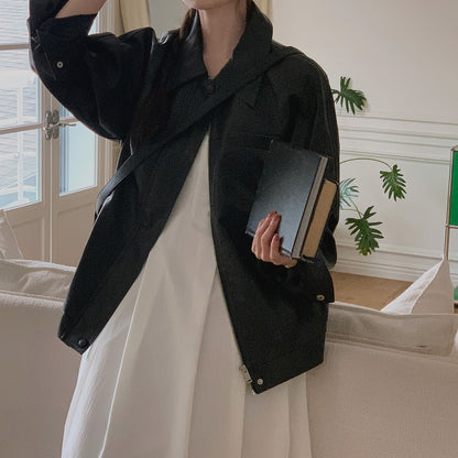 Sli Loose PU Leather Jaet Women's Chic Retro Collar Versatile BF Sle Motorcycle Clothes Trendy Long Sve Zipper