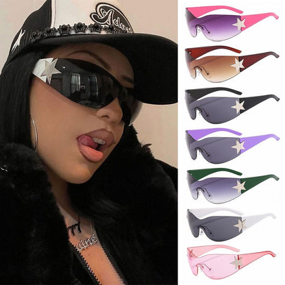 New Y2K Rimless Punk Sunglasses Goggle Women Men Luxury Brand Wrap Around Sun Glasses Five Star Eyewear Sports One Piece Shades