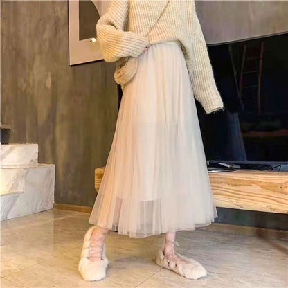 Vintage Tulle Skirt Women Streetwear Elastic High Waist Mesh Pleated Skirts Summer Elegant Korean A Line Office Ladies Skirt New