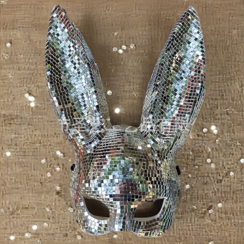 Disco Mirror Bunny Mask Sparkling Costume Accessory For Women Teens Halloween Party Rave Cosplay Glam Sexy Club Night Photo Prop