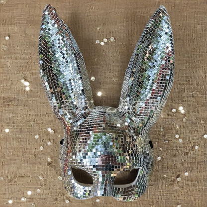 Disco Mirror Bunny Mask Sparkling Costume Accessory For Women Teens Halloween Party Rave Cosplay Glam Sexy Club Night Photo Prop