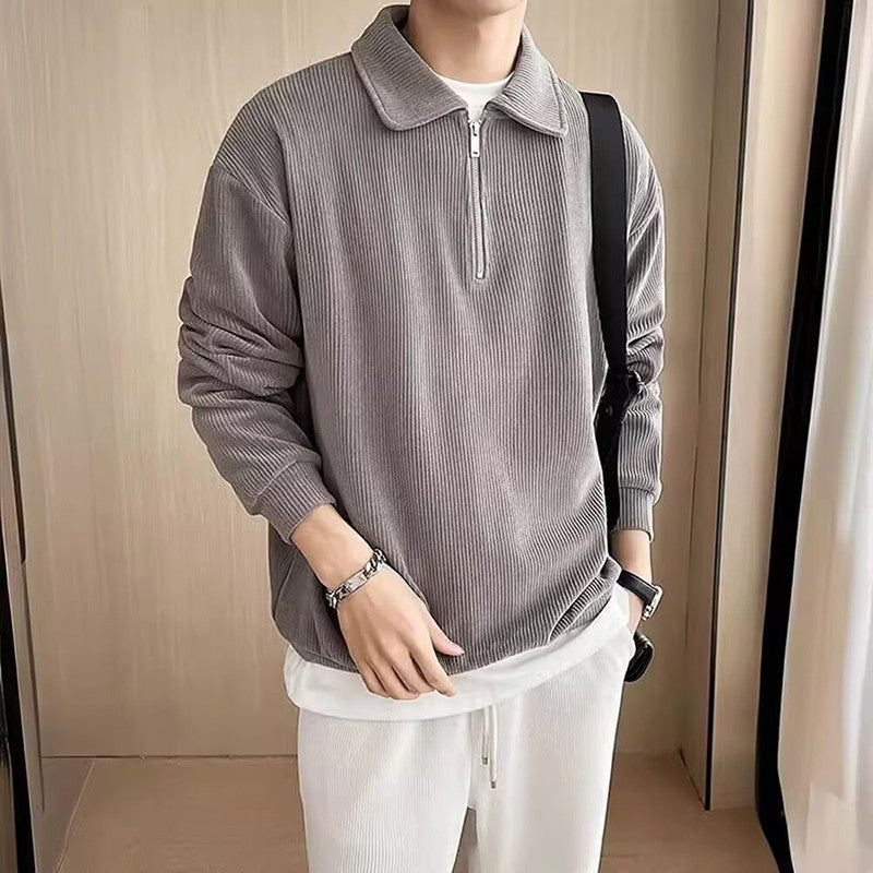 Autumn Vintage Polo Collar Sweater Men's Thickened Loose-Fit Half Zipper Knitwear New Anti-Pilling Flip Pullover Knit Sweaters