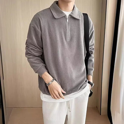 Autumn Vintage Polo Collar Sweater Men's Thickened Loose-Fit Half Zipper Knitwear New Anti-Pilling Flip Pullover Knit Sweaters
