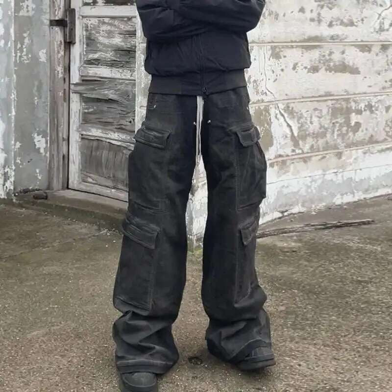 PFNW High Street Drawstring Zipper Sliced Wide Leg Cargo Pants Msn's Casual Loose Straight Trousers Loose Denim Pants 28W5963