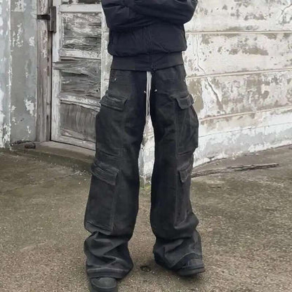 PFNW High Street Drawstring Zipper Sliced Wide Leg Cargo Pants Msn's Casual Loose Straight Trousers Loose Denim Pants 28W5963