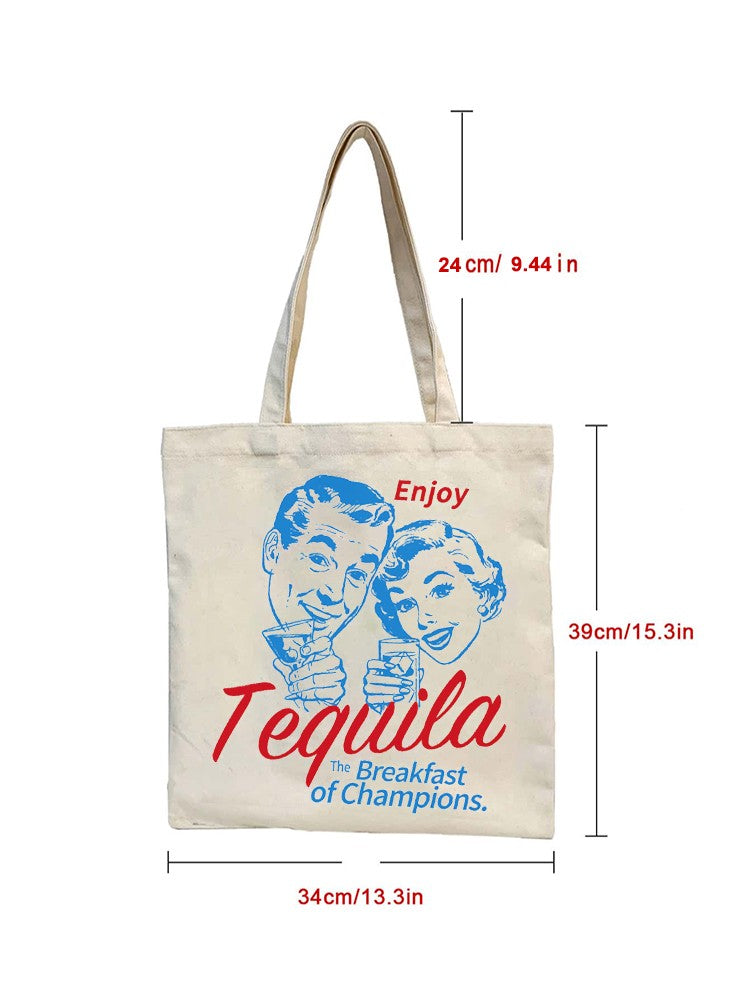 1pc Enjoy Tequila Letter Pattern Tote Bag Shopping Bag Carrier Bag Vintage Casual Canvas Shoulder Bag Handbag Shopping Gift Bag