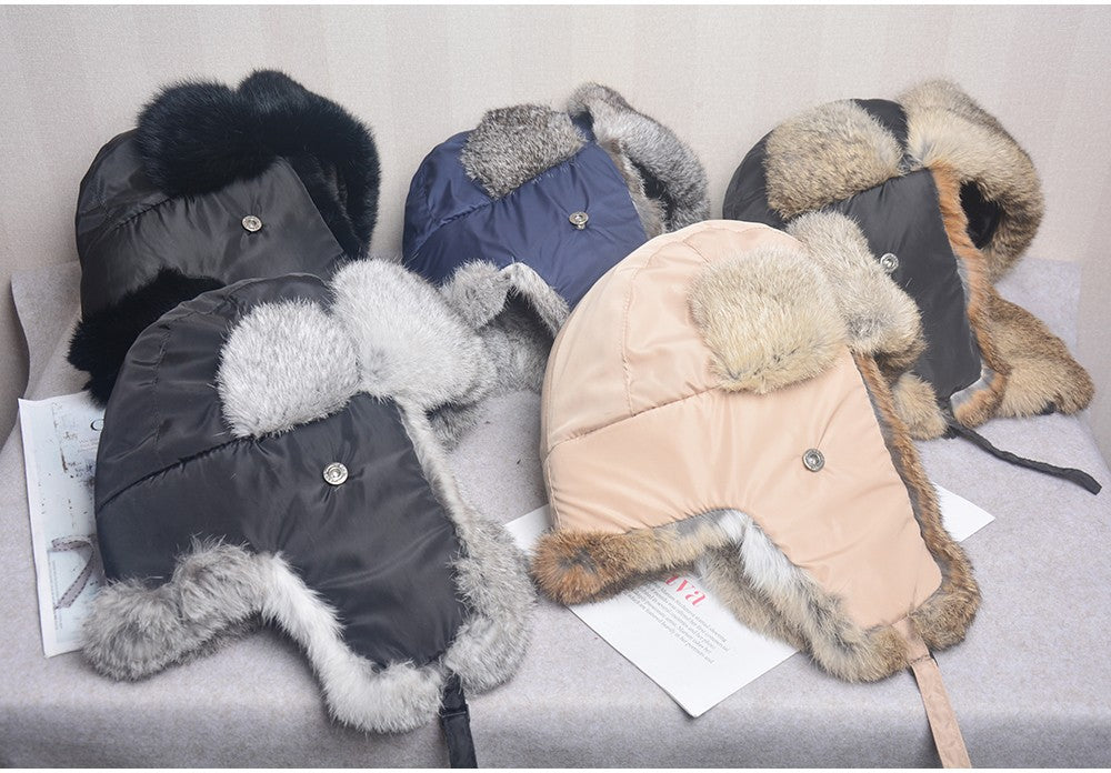 New Russia Winter Real fur Hat Men Outdoor Windproof Super Warm Real Rabbit Fur Bomber Hats Natural Soft Natural Rabbit Fur Caps