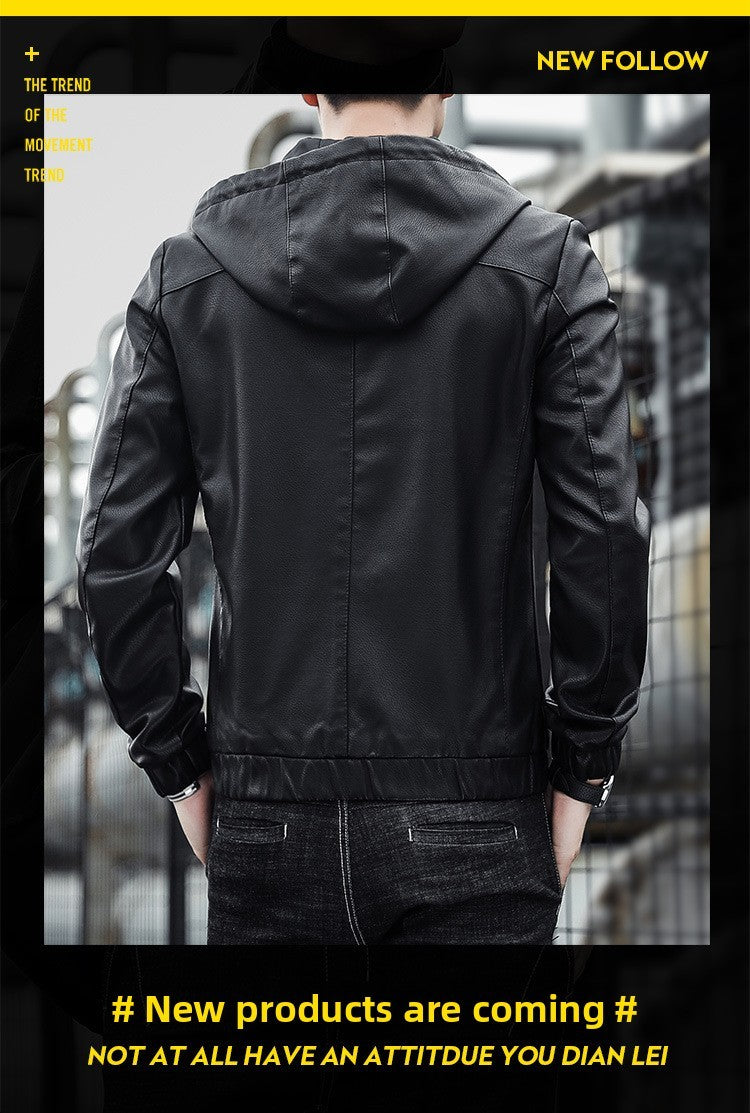 Men's Leather Jacket, Men's Hoodie, Slim-fit Korean Style Biker Casual Coat
