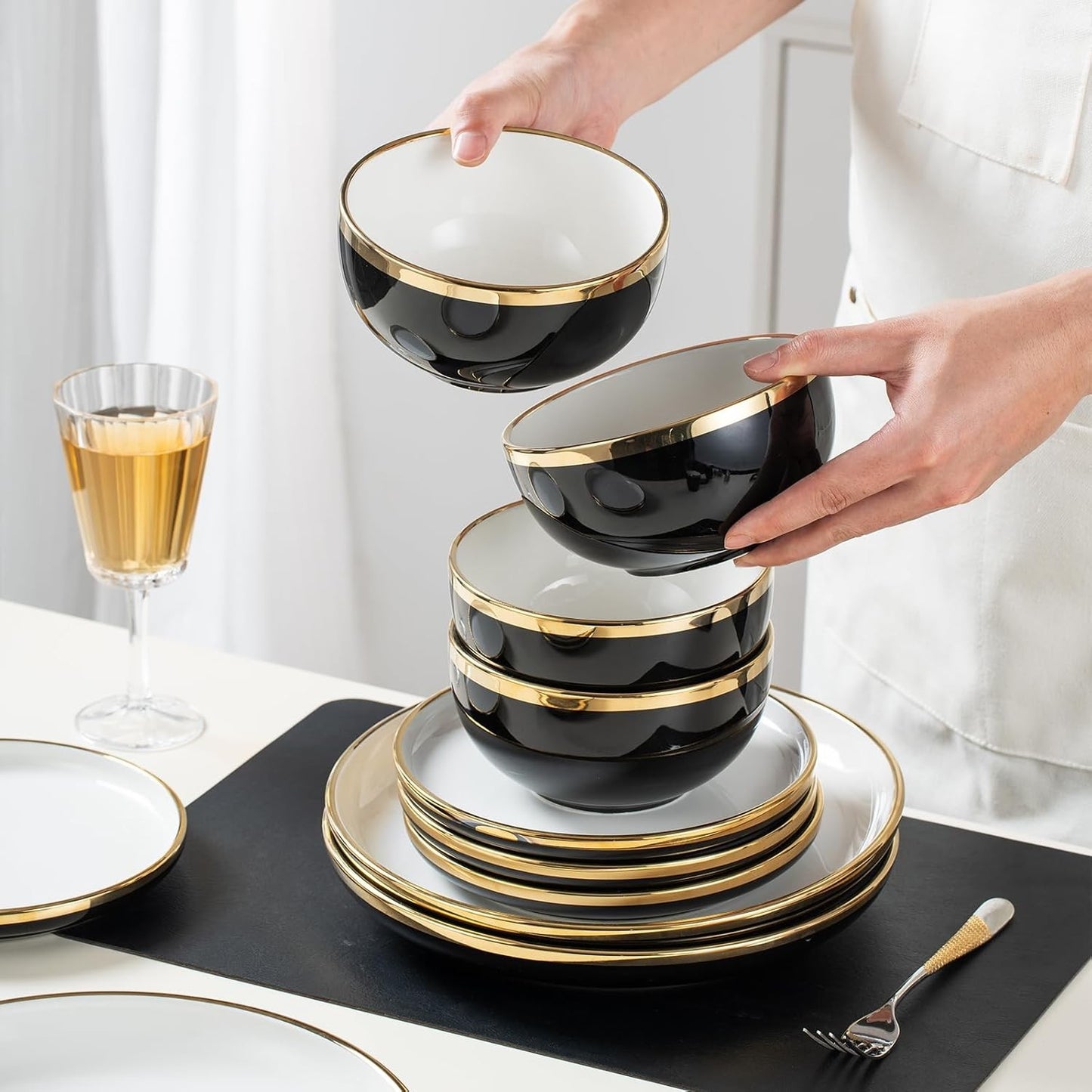 Black Ceramic Dinnerware Sets for 4, 16-Piece Contrast Plates and Bowls Set with Gold Rim, Crack Resistant | Dishwasher & Freeze