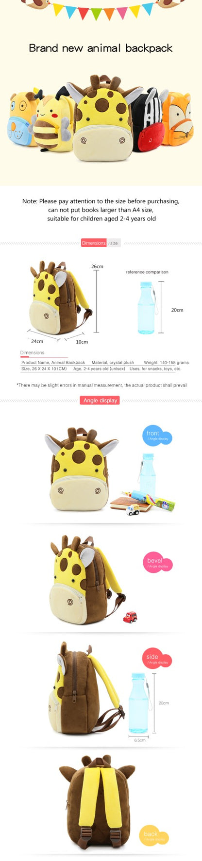 Mochila Infantil Meninos Meninas Animal Fofo Girafa Mochila de Pelúcia Pré-escolar Jardim de Infância