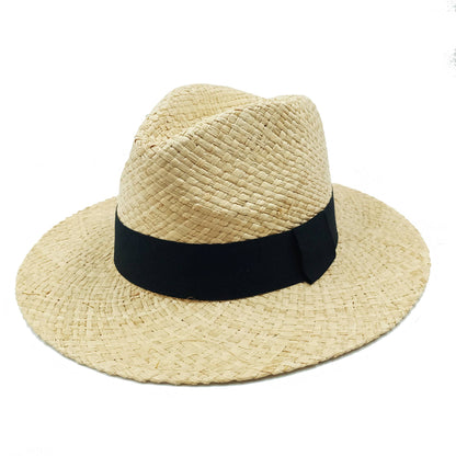 Chapéu de Palha Feminino de Verão Chapéu de Sol Luxuoso Feminino Chapéu de Praia de Proteção Solar da Moda Chapéu Panamá Francês Chapéu Raff de Aba Larga com Topo Abaulado