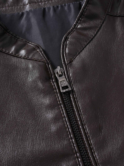2024 Spring New Men's Business Casual Slim Long-sleeved Pu Leather Jacket Jacket Side Seam Pocket Zipper Solid Color