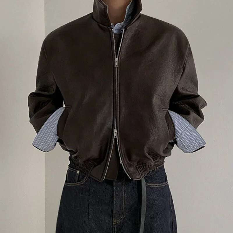 IEFB Short PU Leather Coat Men's Spring Summer Loose Turn-down Collar Coat Korean Style Trend Male Jacket Casual Top 9C5013