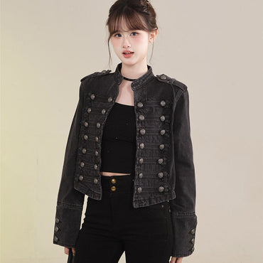 Women's American Retro Denim Military Inspired Cropped Jacket Long Sleeve Stand Collar Casual Motorcycle Coat