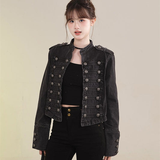 Women's American Retro Denim Military Inspired Cropped Jacket Long Sleeve Stand Collar Casual Motorcycle Coat